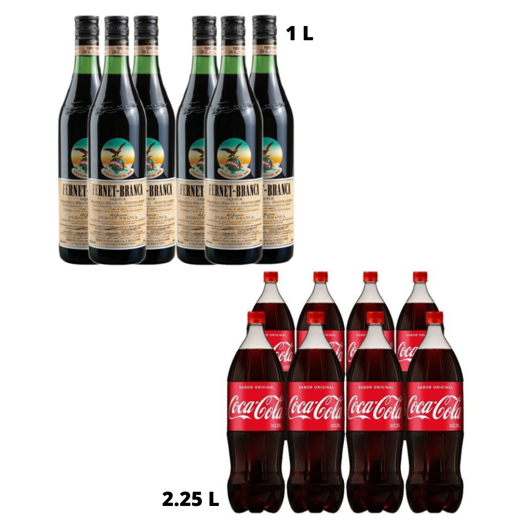 COMBO 1 Caja Fernet Branca litro x6 + Pack Coca 2,25L x8u